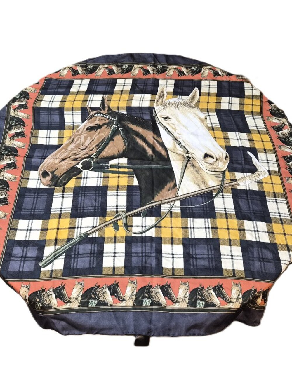 VTG Alfred Sung Silk Equestrian Scarf Navy&Yellow Plaid Horse Print Old Money